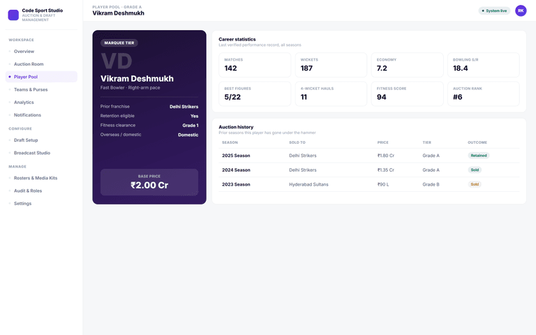 Auction & Draft Management — player detail