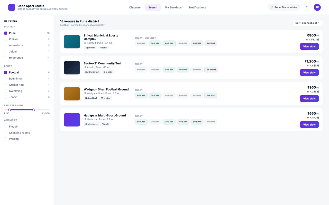 Smart Facility Booking & Citizen Access — search list