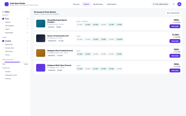 Smart Facility Booking & Citizen Access — search list