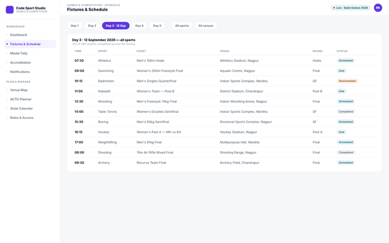 Games & Competition Management System — fixtures schedule